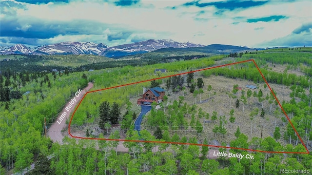 514 Little Baldy Cir, Fairplay, CO 80440 - aerial overview of property's location featuring property parcel outlined, a mountainous background, and a forest