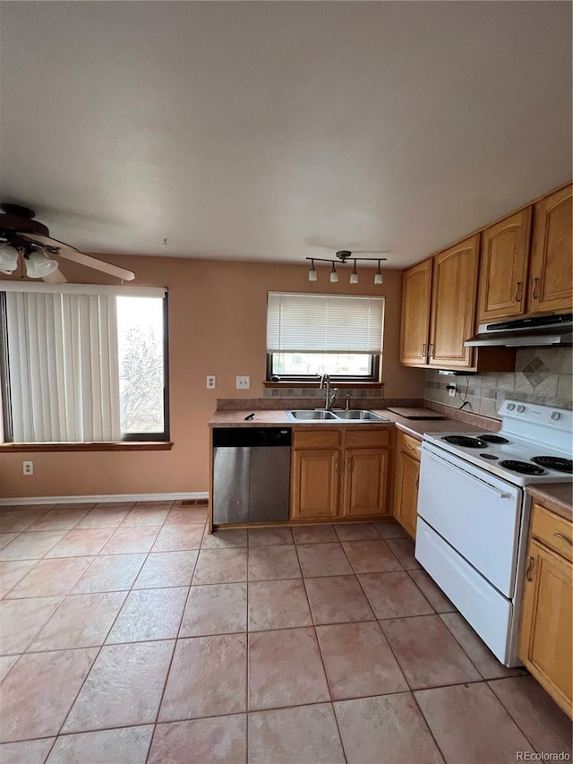 kitchen with under cabinet range hood, a sink, stainless steel dishwasher, a wealth of natural light, and white electric range oven