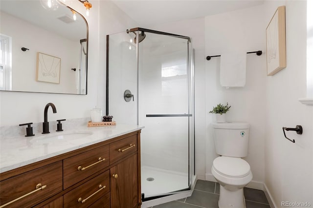 full bath with toilet, vanity, baseboards, a shower stall, and tile patterned floors