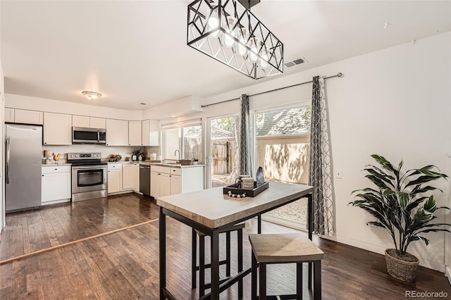 13020 E Linvale Pl, Aurora, CO 80014 - kitchen featuring a sink, stainless steel appliances, white cabinets, visible vents, and dark wood-style floors