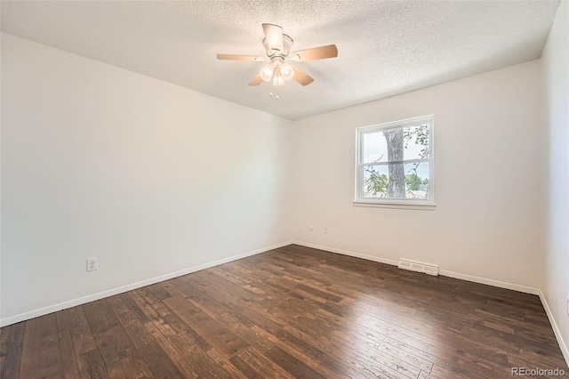 13020 E Linvale Pl, Aurora, CO 80014 - spare room with a ceiling fan, a textured ceiling, visible vents, baseboards, and dark wood-type flooring
