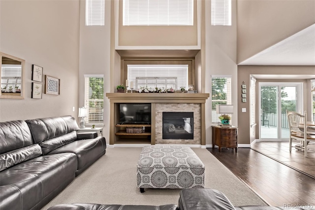 20710 E Princeton Pl, Aurora, CO 80013 - living room featuring a high ceiling, wood finished floors, and a glass covered fireplace
