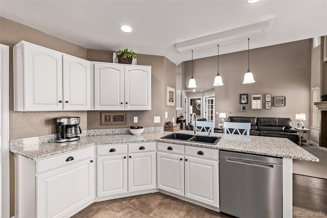 20710 E Princeton Pl, Aurora, CO 80013 - kitchen featuring dishwasher, a peninsula, white cabinets, light stone counters, and recessed lighting
