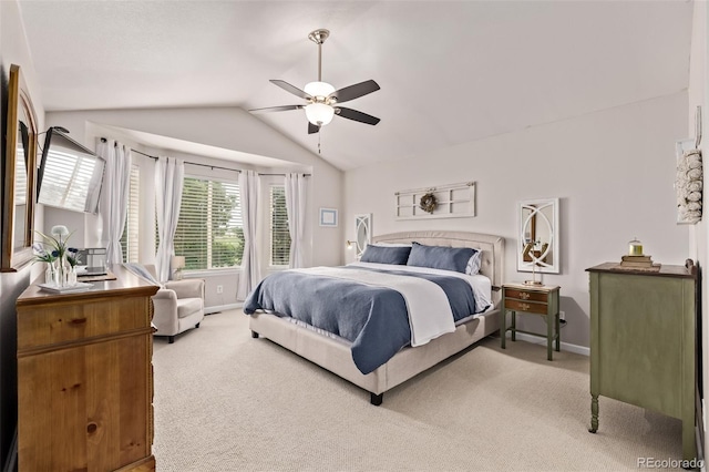 20710 E Princeton Pl, Aurora, CO 80013 - bedroom featuring light carpet, vaulted ceiling, and a ceiling fan