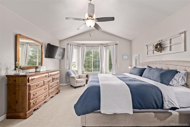 20710 E Princeton Pl, Aurora, CO 80013 - bedroom featuring light colored carpet, vaulted ceiling, and ceiling fan