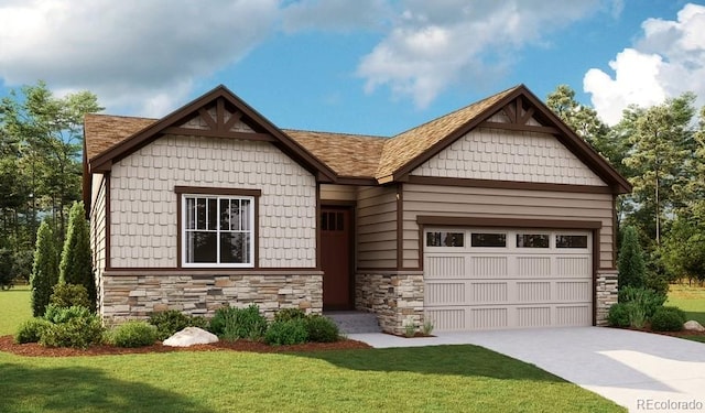 craftsman-style home featuring a front yard and a garage