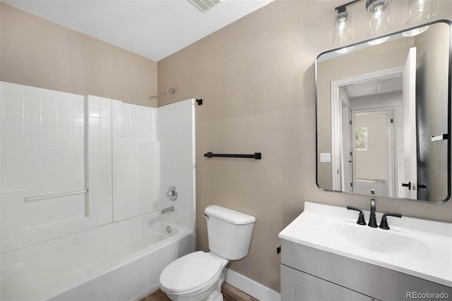 full bath featuring vanity, toilet, shower / bath combination, baseboards, and visible vents