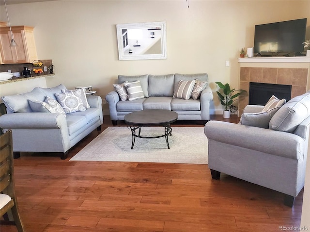 living room featuring dark hardwood / wood-style floors and a fireplace