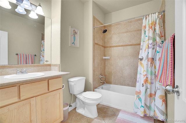 full bathroom with tile patterned flooring, vanity, toilet, and shower / bathtub combination with curtain