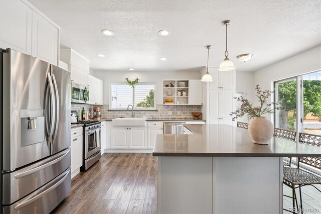 700 Prairie Ridge Rd, Highlands Ranch, CO 80126 - kitchen with appliances with stainless steel finishes, open shelves, healthy amount of natural light, dark countertops, and a textured ceiling