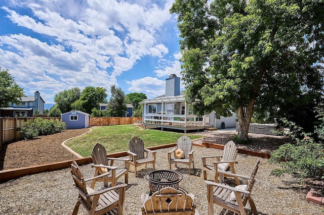 700 Prairie Ridge Rd, Highlands Ranch, CO 80126 - fenced backyard featuring an outdoor fire pit, a shed, and a wooden deck