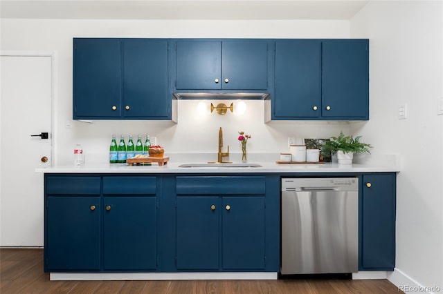 kitchen featuring stainless steel dishwasher, sink, wood-type flooring, and blue cabinetry