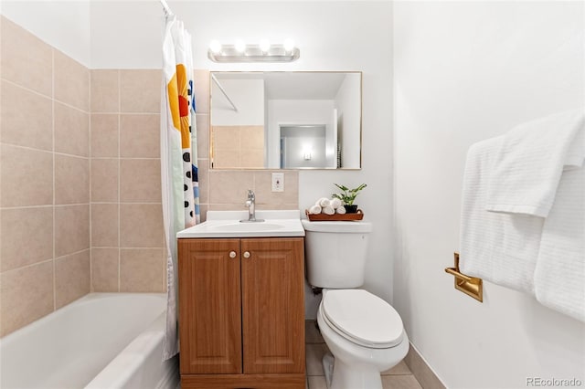 full bathroom featuring vanity, shower / bath combination with curtain, and toilet