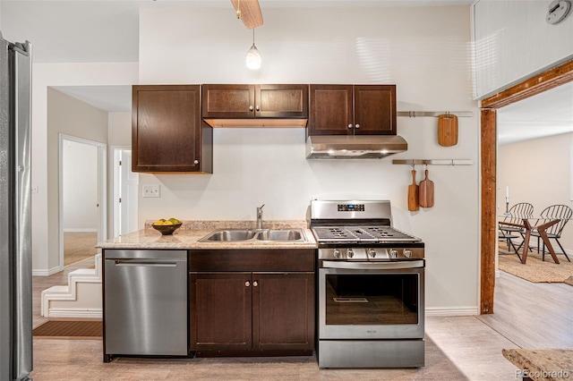 1516 Lafayette St, Denver, CO 80218 - kitchen with appliances with stainless steel finishes, under cabinet range hood, a sink, and dark brown cabinetry