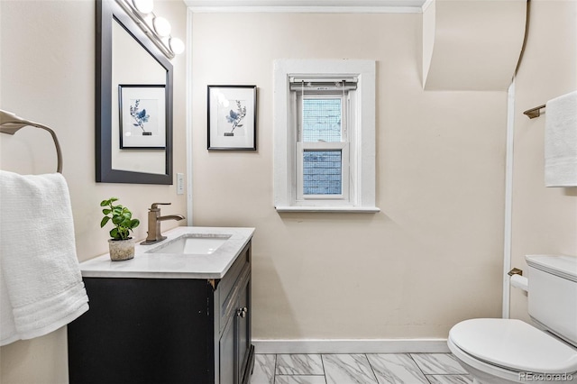 1516 Lafayette St, Denver, CO 80218 - bathroom featuring baseboards, toilet, vanity, and marble look tile flooring