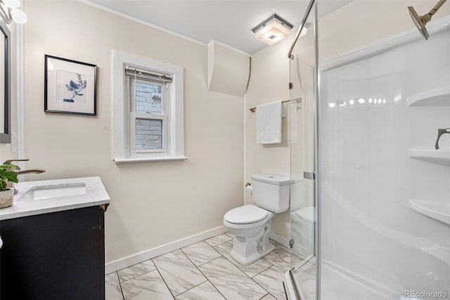 1516 Lafayette St, Denver, CO 80218 - full bath featuring toilet, marble finish flooring, ornamental molding, a stall shower, and baseboards