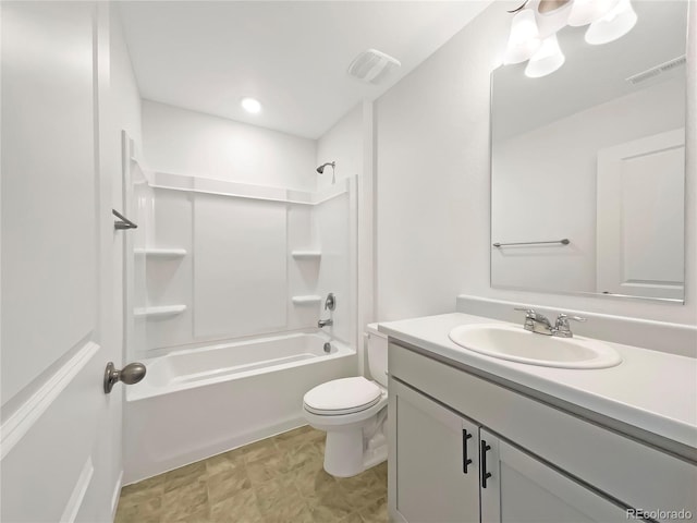 full bathroom with toilet, vanity, and shower / bathtub combination