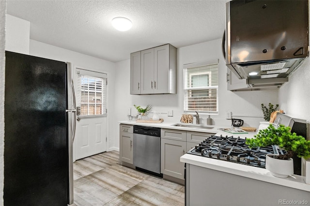 1414 W Nevada Pl, Denver, CO 80223 - kitchen with stainless steel appliances, gray cabinetry, light countertops, a sink, and light wood-style flooring