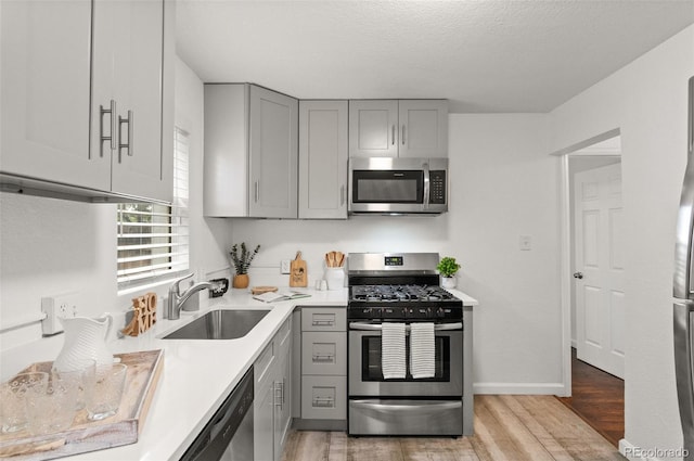 1414 W Nevada Pl, Denver, CO 80223 - kitchen with appliances with stainless steel finishes, a sink, gray cabinets, light wood-style flooring, and a textured ceiling