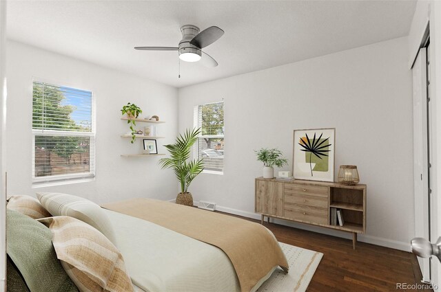 1414 W Nevada Pl, Denver, CO 80223 - bedroom featuring multiple windows, dark wood-style floors, baseboards, and ceiling fan