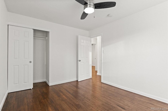 1414 W Nevada Pl, Denver, CO 80223 - unfurnished bedroom with baseboards, wood finished floors, a closet, and ceiling fan