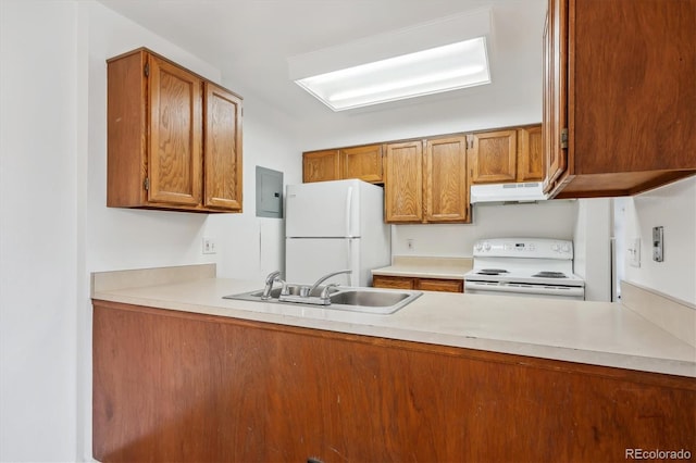 kitchen featuring white appliances, a sink, under cabinet range hood, a peninsula, and brown cabinetry