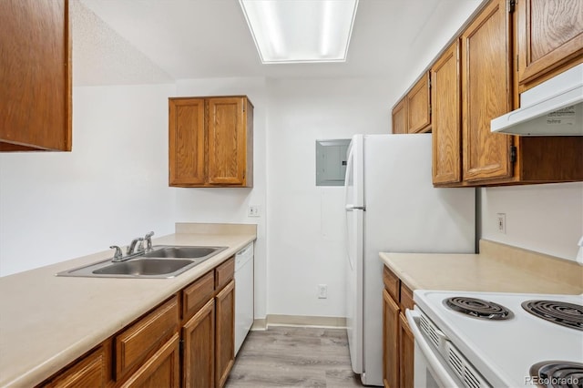 kitchen featuring a sink, white appliances, light countertops, and light wood-style flooring