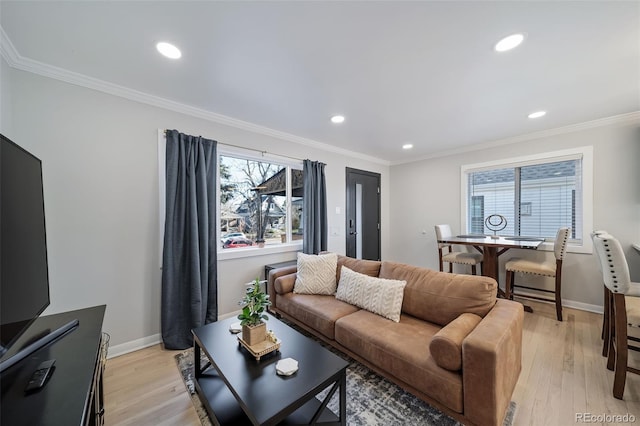 living room featuring ornamental molding and light hardwood / wood-style flooring