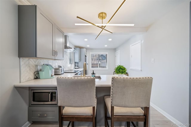 kitchen with kitchen peninsula, tasteful backsplash, wall chimney exhaust hood, and gray cabinetry