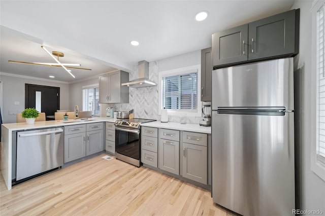 kitchen with sink, wall chimney exhaust hood, stainless steel appliances, tasteful backsplash, and crown molding