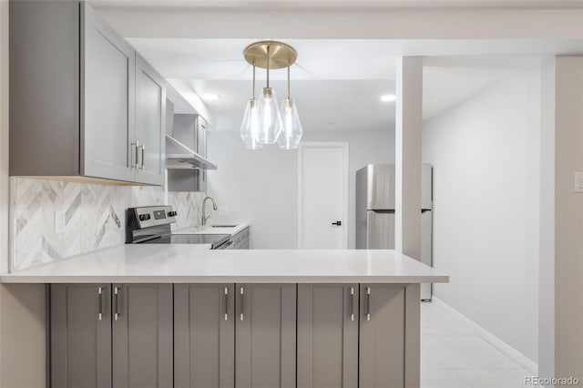 kitchen featuring gray cabinetry, pendant lighting, tasteful backsplash, kitchen peninsula, and stainless steel appliances