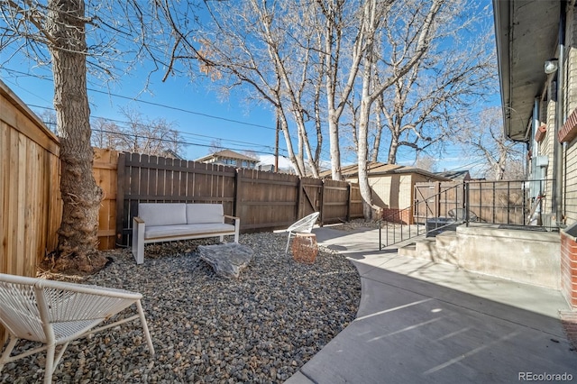 view of yard with a patio area and a storage unit