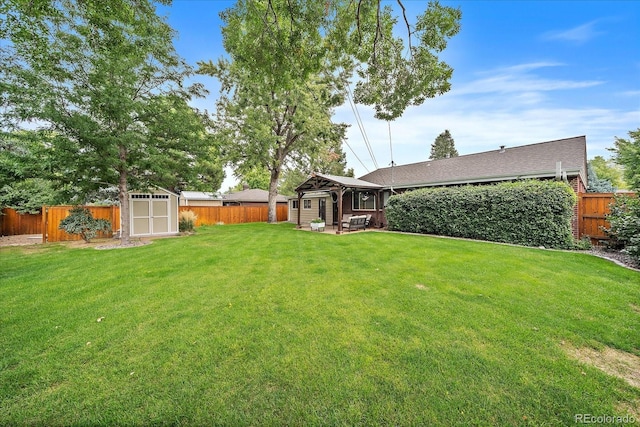 view of yard with a patio and a storage unit