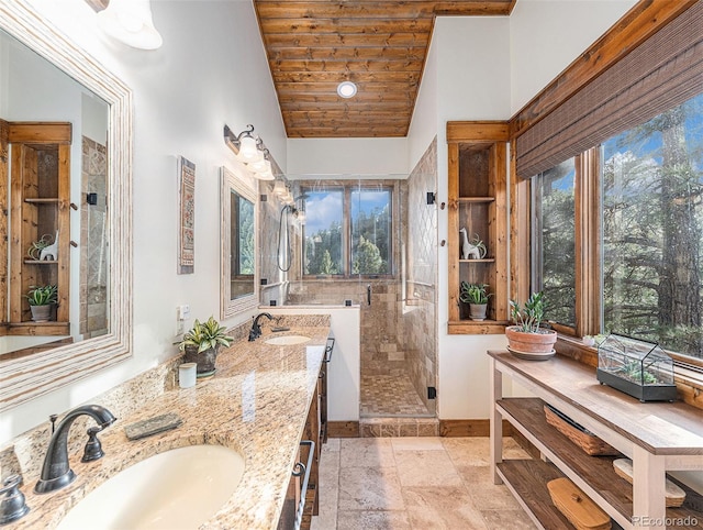 bathroom with tiled shower, dual bowl vanity, tile floors, wood ceiling, and high vaulted ceiling