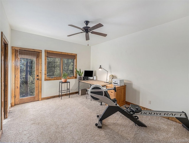 office area featuring carpet floors and ceiling fan