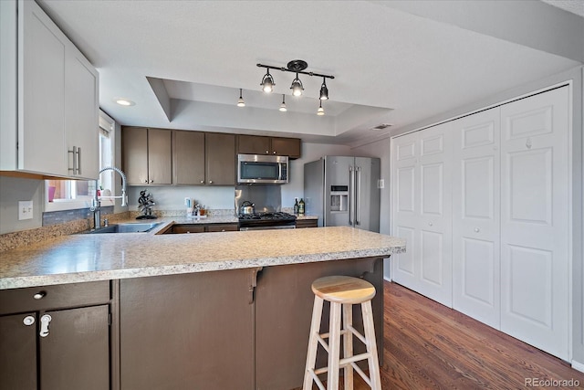 kitchen featuring kitchen peninsula, appliances with stainless steel finishes, a raised ceiling, and a kitchen breakfast bar