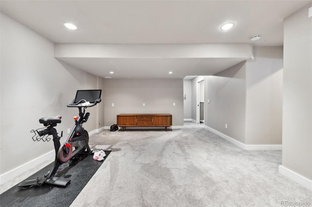 workout area featuring carpet floors, baseboards, and recessed lighting