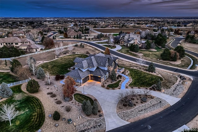 view of aerial view at dusk