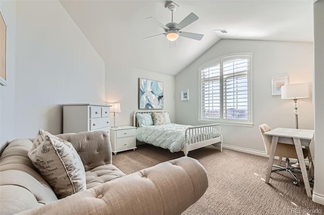 bedroom with vaulted ceiling, ceiling fan, and carpet flooring