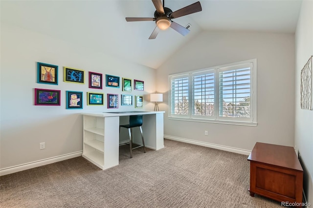 office space with ceiling fan, lofted ceiling, and carpet