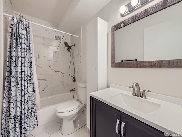 full bathroom featuring vanity, shower / tub combo with curtain, and toilet