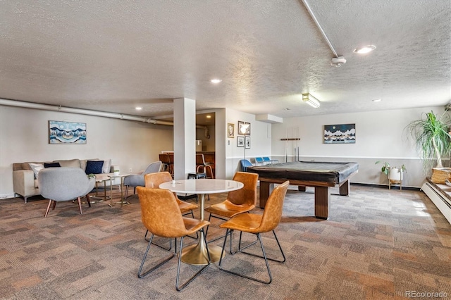 rec room featuring billiards, recessed lighting, carpet, and a textured ceiling