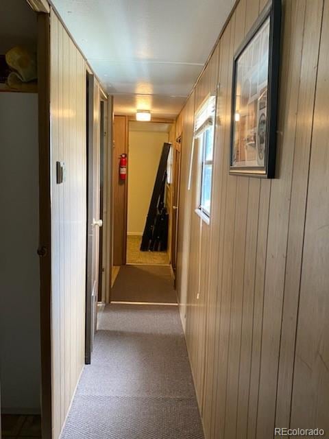 corridor featuring wood walls and light colored carpet