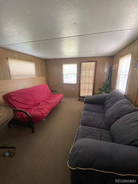 carpeted bedroom with wooden walls