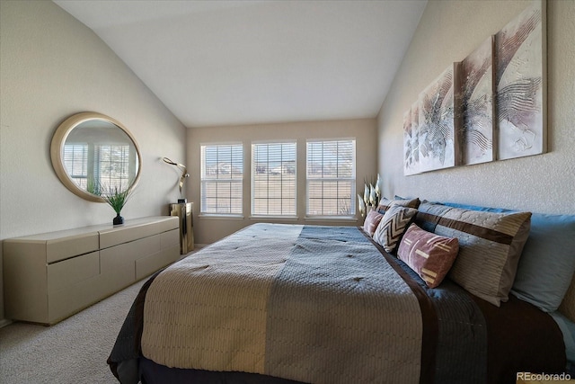 bedroom with lofted ceiling and carpet floors