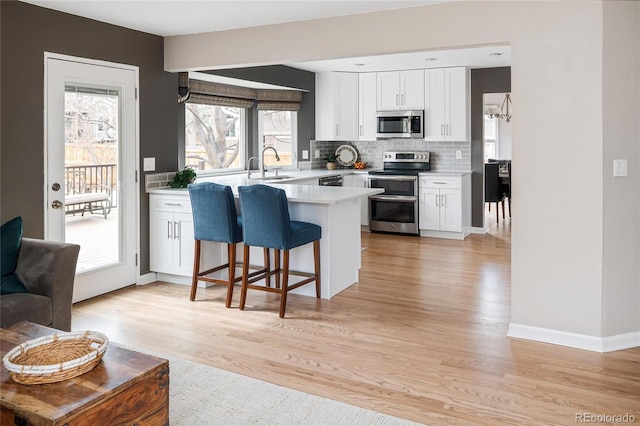 kitchen with a peninsula, white cabinets, backsplash, and appliances with stainless steel finishes