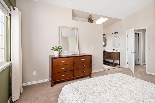 bedroom featuring baseboards, light colored carpet, and vaulted ceiling