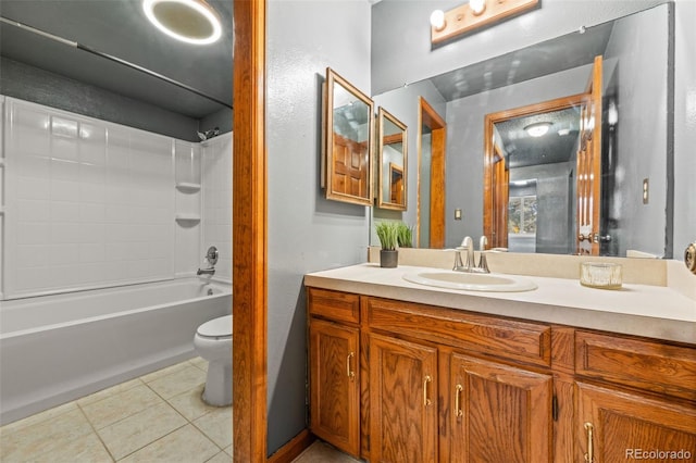 full bathroom featuring shower / washtub combination, tile patterned flooring, vanity, and toilet