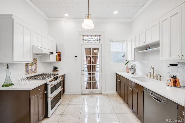3106 N Franklin St, Denver, CO 80205 - kitchen featuring double oven range, stainless steel dishwasher, under cabinet range hood, dark brown cabinets, and decorative backsplash