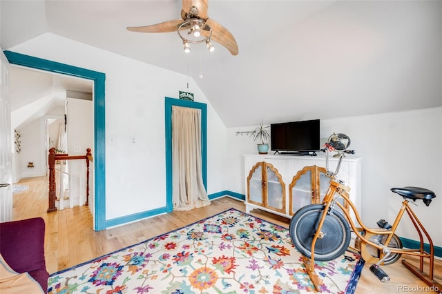 3106 N Franklin St, Denver, CO 80205 - exercise room with lofted ceiling, ceiling fan, and wood finished floors